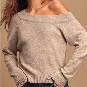 Lulus Don't Be Shy Heather Beige Asymmetrical Off-the-Shoulder Sweater